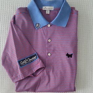 Peter Millar Scotty Cameron Pink and Blue Striped Polo with Contrast Collar